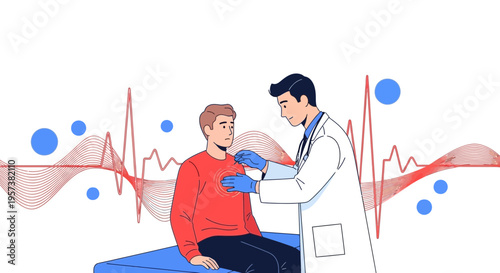 Doctor examines patient with chest pain, EKG line background, medical checkup concept