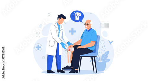 Doctor examining elderly man's knee, joint pain consultation, medical checkup
