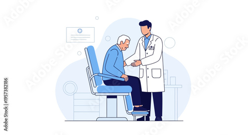 Doctor examining elderly patient in clinic, healthcare consultation, medical checkup