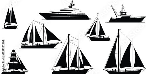 Sailboat and yacht silhouette set, marine vessel ocean transport, cad drawing flat vector illustration, ship