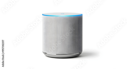 A minimalist smart home voice assistant speaker glowing with a subtle blue ring light, isolated on a pure white background, high-end product photography.
