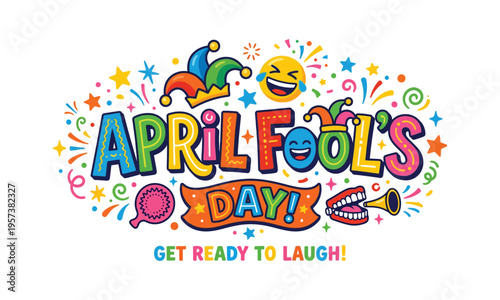 Vibrant april fools day graphic with colorful text and embellishments