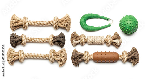 A set of eco-friendly dog toys made of natural rope and rubber, neatly arranged, isolated on a pure white background, bright and crisp studio lighting.