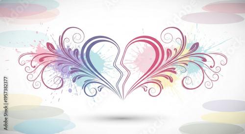 Colorful heart shaped floral design elements on white background with abstract watercolor clouds