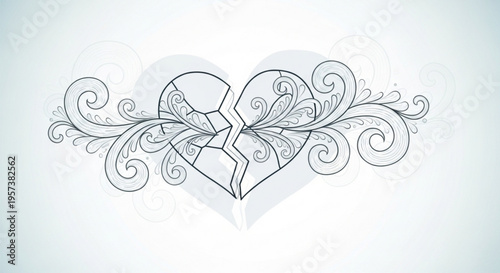 Broken heart with floral swirls on white background symbolizing love and heartache