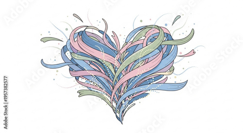 Colorful heart shape made of swirling pink blue and green ribbons on white background symbolizing love and creativity