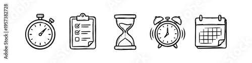 A set of hand-drawn vector icons related to time management and productivity, including a stopwatch, a checklist on a clipboard, an hourglass, a ringing alarm clock, and a calendar.