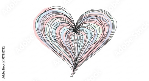 Colorful heart shape with swirling lines on white background symbolizing love and emotions in a creative abstract design