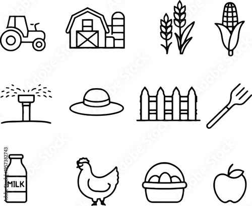 Agriculture and farming outline vector icon set