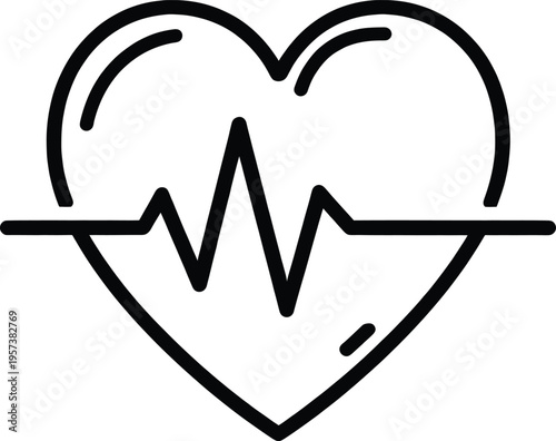 A minimalist line icon of a heart with a pulsing electrocardiogram wave represents health, life, cardiology, and medical well-being.