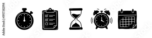 Hand-drawn doodle icon set for time management and productivity featuring a stopwatch, clipboard checklist, hourglass, ringing alarm clock, and calendar.