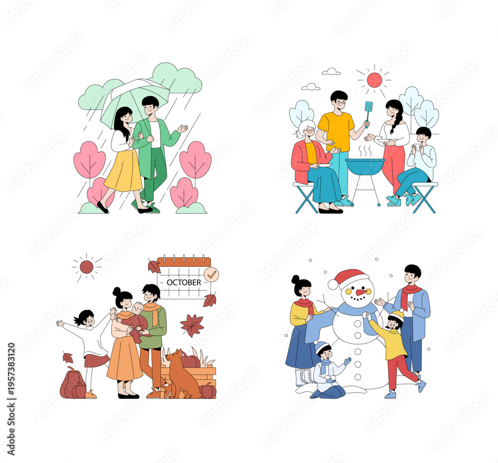 Fototapeta premium Family Activities Through the Seasons Vector Illustration
