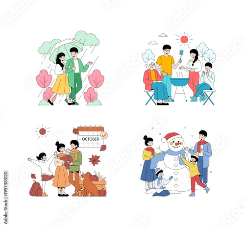 Family Activities Through the Seasons Vector Illustration