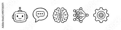 Set of hand-drawn AI icons including a robot, speech bubble, digital brain, neural network, and gear with a chip. Minimalist black and white doodle style for technology and automation concepts.