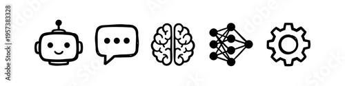 Set of hand-drawn artificial intelligence icons including a chatbot, speech bubble, human brain, neural network, and gear. Minimalist doodle style vector illustration for tech and automation.