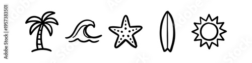 Set of hand-drawn summer beach icons featuring a palm tree, ocean wave, starfish, surfboard, and sun. Minimalist black line art doodles for travel and vacation design.