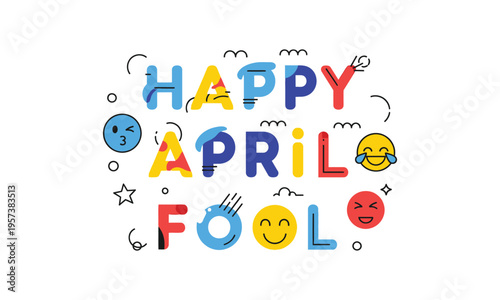 Colorful happy april fools day greeting with emojis and confetti