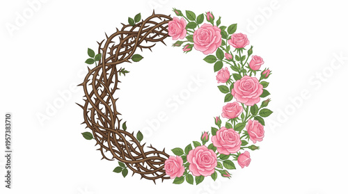 A circular wreath half made of thorny branches and half adorned with beautiful pink roses and green leaves, symbolizing contrast and duality.