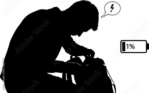 Silhouette of person urgently searching for phone charger with low battery symbol on screen, daily life stress concept.