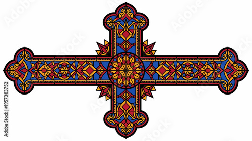 Ornate decorative cross with intricate stained glass style patterns in vibrant red, blue, and gold, featuring symmetrical floral and geometric motifs.