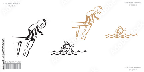 Frustrated cartoon stick figure leaping diving board rage splash water vector art