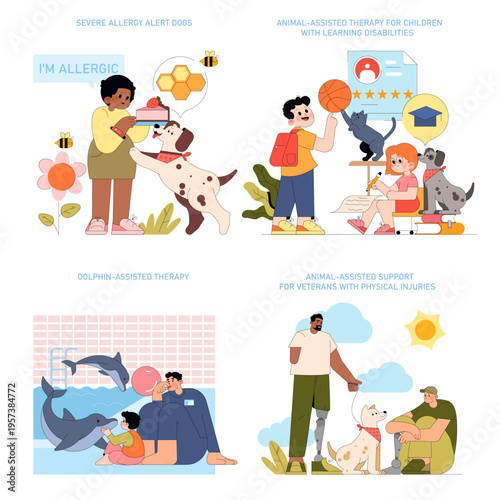 Animal-Assisted Therapy Vector Illustration Set