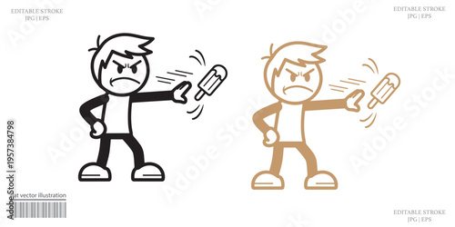 Vector illustration of an angry figure character, shouting while pointing finger, frustrated, furious and throwing away ice cream