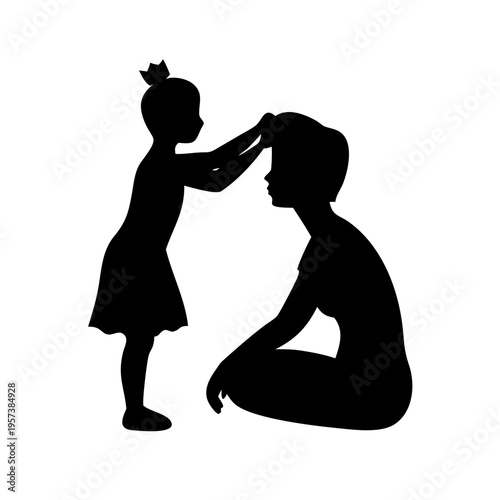 Silhouette of a little girl with a crown playing with her mothers hair