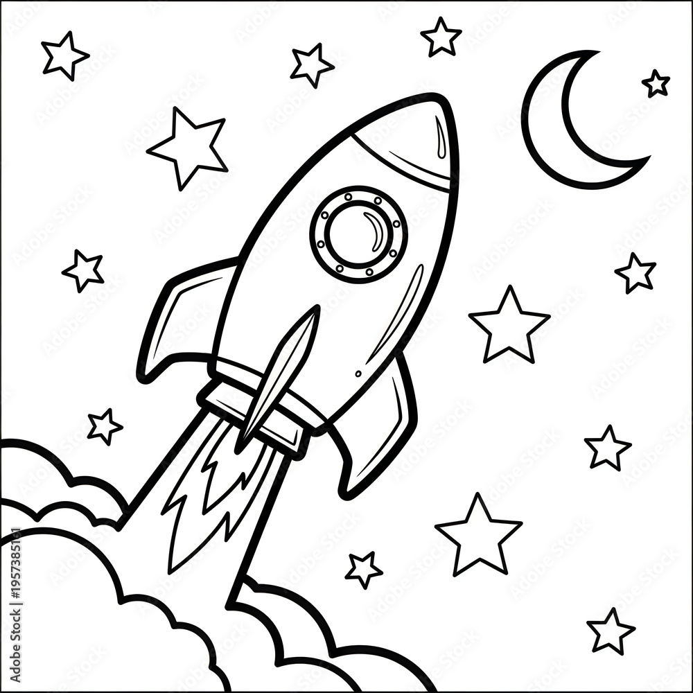Fototapeta premium Black and white rocket ship illustration with stars and moon