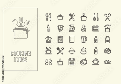 Hand-drawn cooking icons in black outline on a light background with features a wide array of