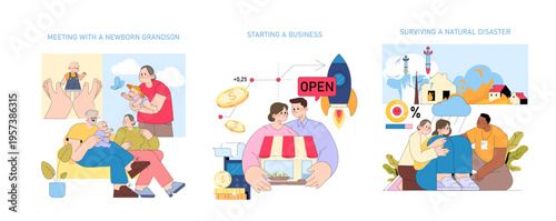 Family Celebrating Newborn Visit Vector Illustration