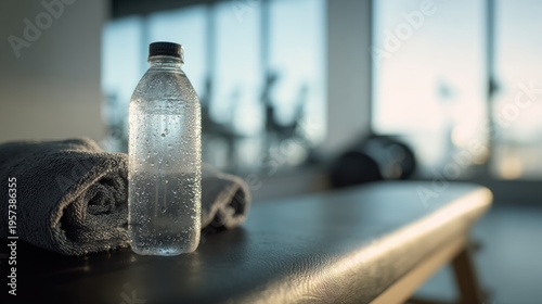 Hydration concept showing cold water bottle and towel on a gym bench for fitness marketing, wellness poster and background design