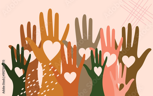 Volunteers, social workers, men and women hold hearts in their palms. Unity, cohesion of a multinational society. Vector.