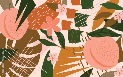 A light pink banner with geometric shapes, peaches, flowers, and abstract elements creates a modern collage. 