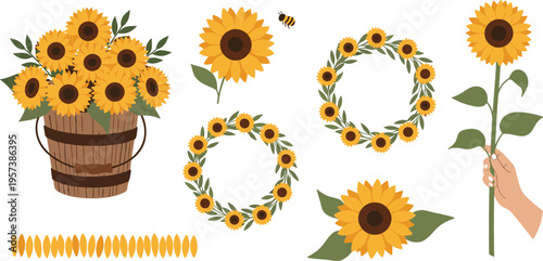 Beautiful Sunflower Illustrations Set with Bouquet in Bucket, Floral Wreaths, Single Flower, Hand Holding Bloom, Bee and Sunflower Seeds for Summer, Gardening, Nature, Wedding and Decor Designs