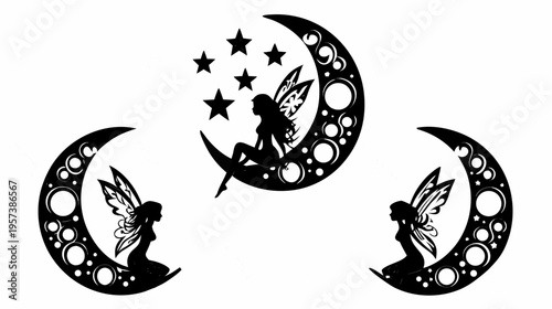 A whimsical fairy silhouette vector graphic with crescent moons and stars