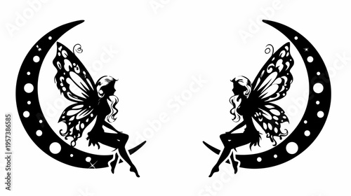 A minimalist vector graphic illustration of two fairies sitting on crescent moons with stars