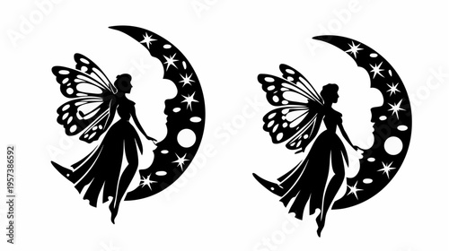 A minimalist vector graphic illustration of two fairies sitting on crescent moons with stars