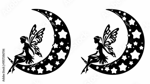 A minimalist vector graphic illustration of two fairies sitting on crescent moons with stars, in a flat design style.