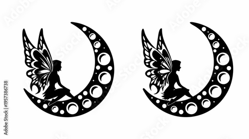 A minimalist vector graphic illustration of two fairies sitting on crescent moons with a transparent background