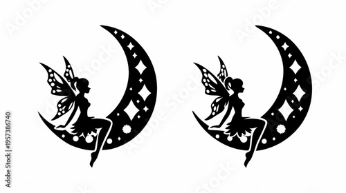 A whimsical vector graphic of two fairies sitting on crescent moons with stars