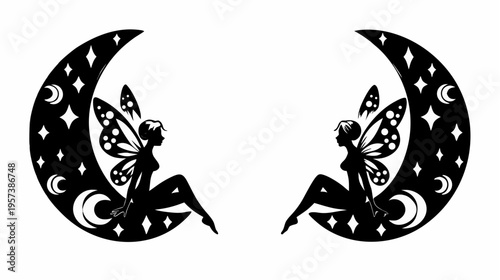 A whimsical vector graphic of two fairies sitting on crescent moons with stars and celestial bodies