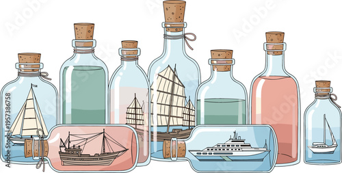 Collection of Decorative Ships in Glass Bottles Vector Illustration Featuring Various Sailing Vessels, Yachts, and Corked Jars for Maritime Hobbies and Coastal Interior Decor