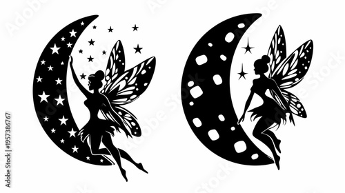 A minimalist vector graphic illustration of two fairies sitting on crescent moons with stars and a celestial background