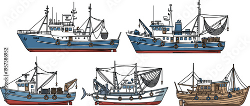 Commercial Fishing Boat and Trawler Vector Set Featuring Industrial Vessels with Nets and Equipment for Seafood Industry, Maritime Trade, and Ocean Harvesting
