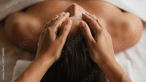Woman gets head massage in spa salon.