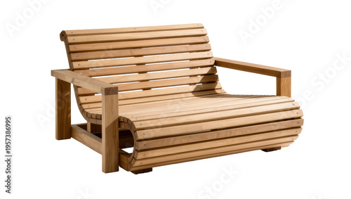Modern slatted wooden garden bench with curved design, perfect for outdoor relaxation