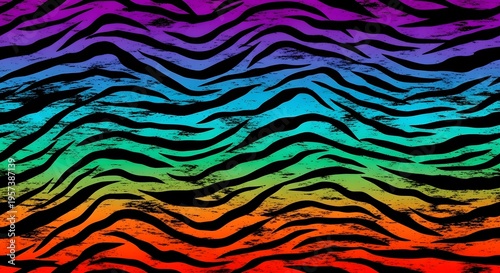 Rainbow zebra stripe pattern with horizontal color gradient. Vibrant fashion textile and animal skin texture. Seamless wild safari background for creative printing and web design.