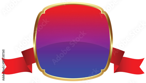 Blank square badge featuring a royal gold rim and matching ribbon