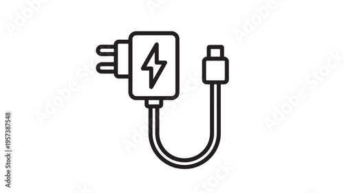 Charger adapter with lightning bolt symbol and USB cable icon on white background featuring power, electricity, plug with technology and device